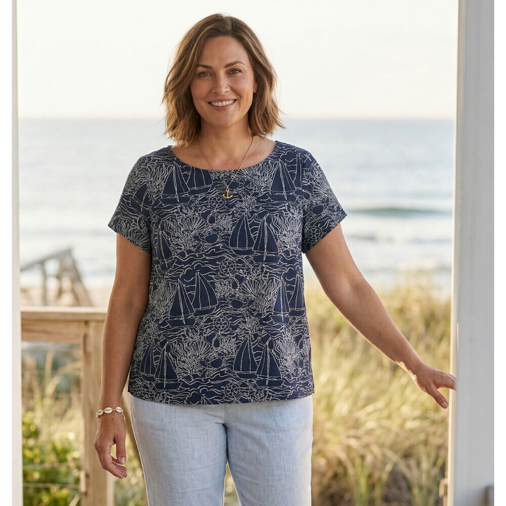 J. Jill Sailboat Gauze Top L Navy Blue Boxy Short Sleeve Nautical Coastal Cotton